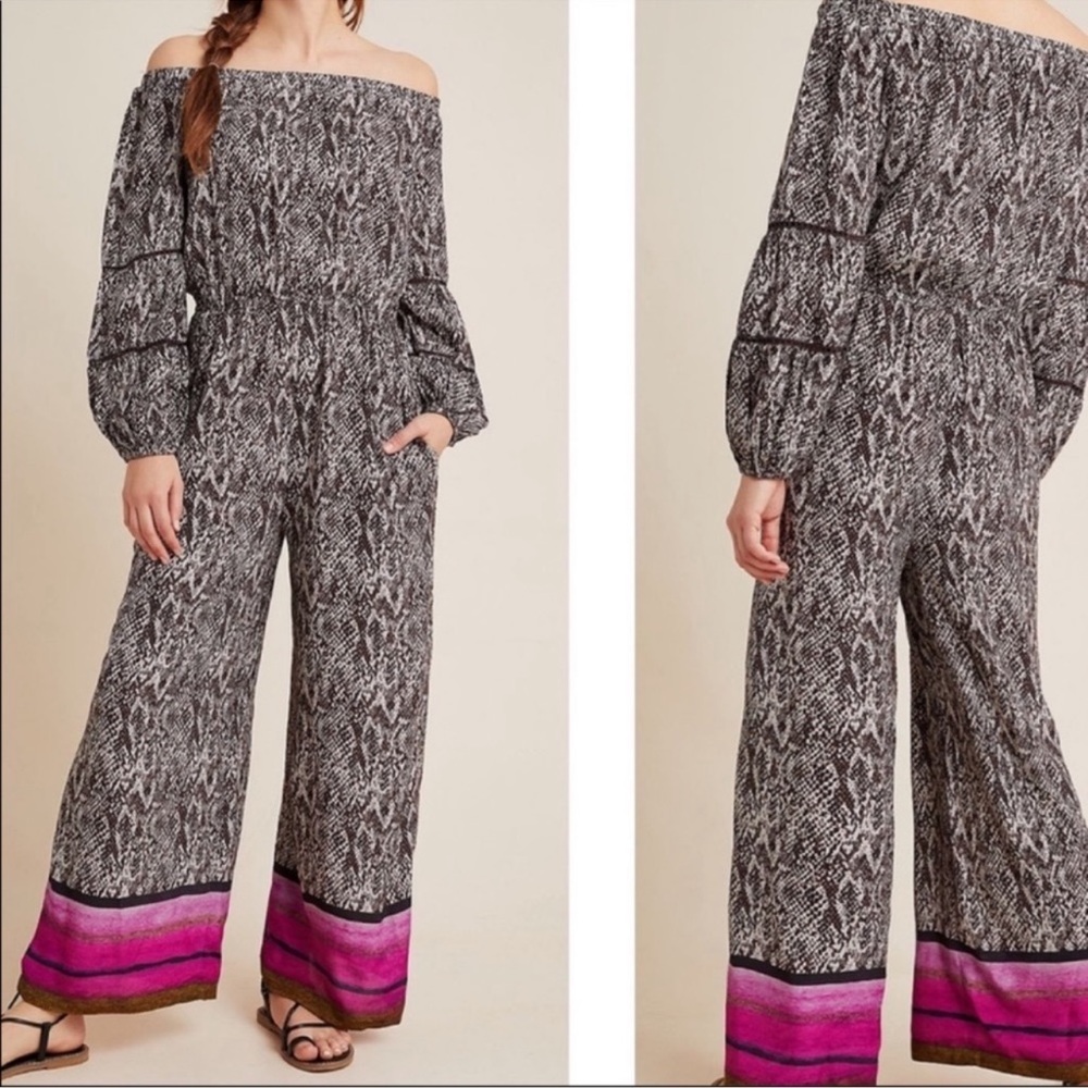 ANTHROPOLOGIE BL-NK Pezira Off Shoulder Jumpsuit with Pink Stripes, Snake Print